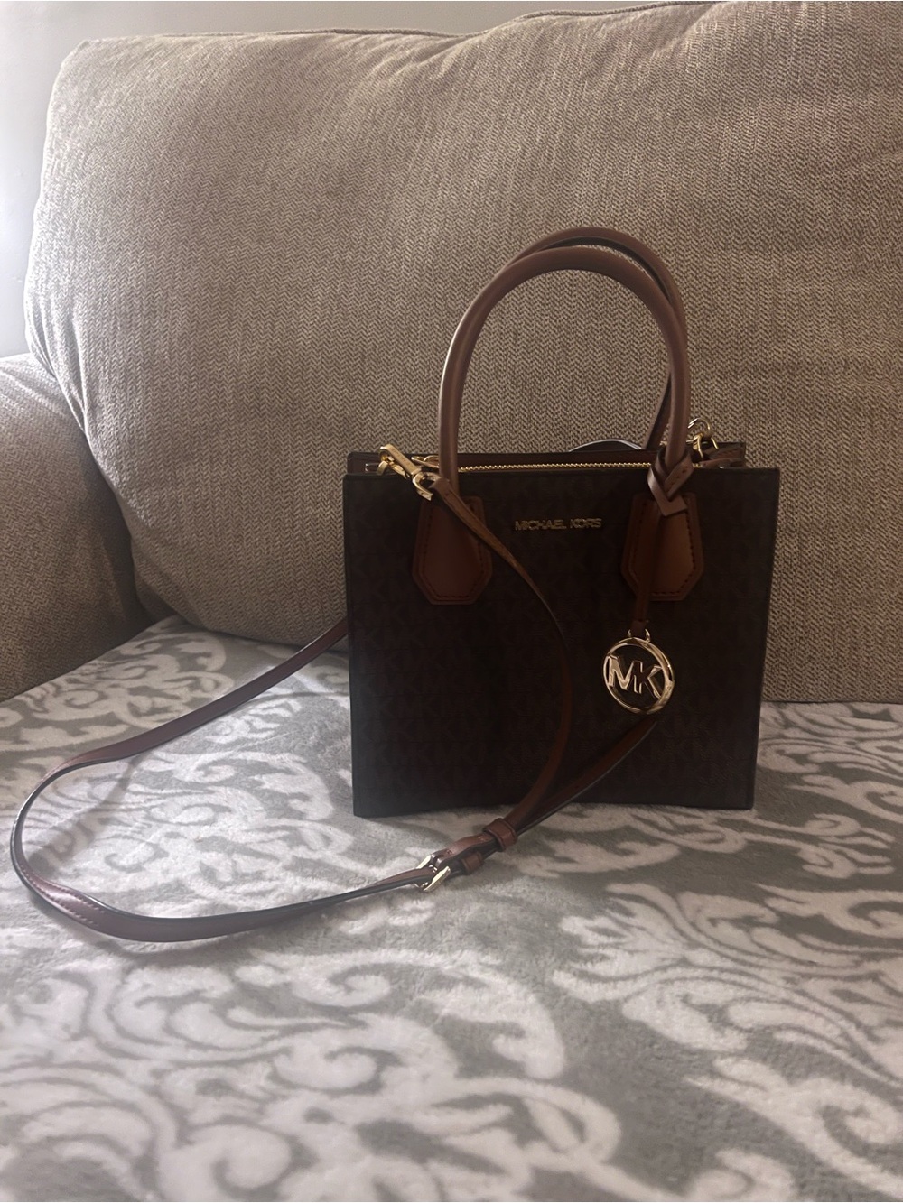Michael Kors Brown Logo Satchel with Gold MK Charm